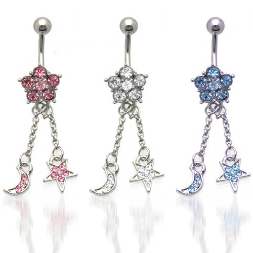 Moon & Star CZ Dangle Belly Ring