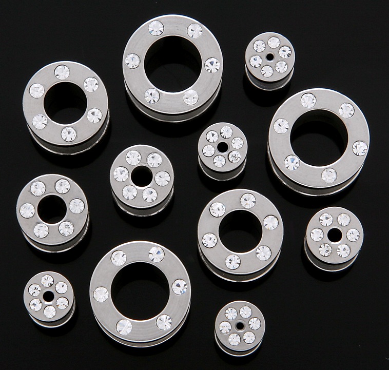 CZ stone 316l stainless steel flesh tunnel, cz jewelry ear plugs