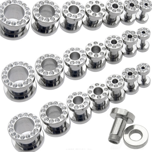 CZ stone 316l stainless steel flesh tunnel, cz jewelry ear plugs