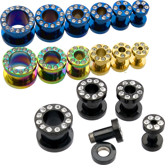 CZ stone 316l stainless steel flesh tunnel, cz jewelry ear plugs