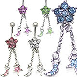 Moon & Star CZ Dangle Belly Ring Details